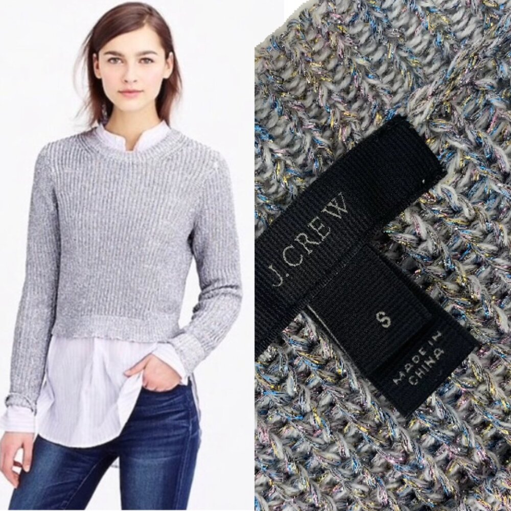 J. Crew | Gray & Multicolored Metallic Woven Ribbed Shimmer Sweater